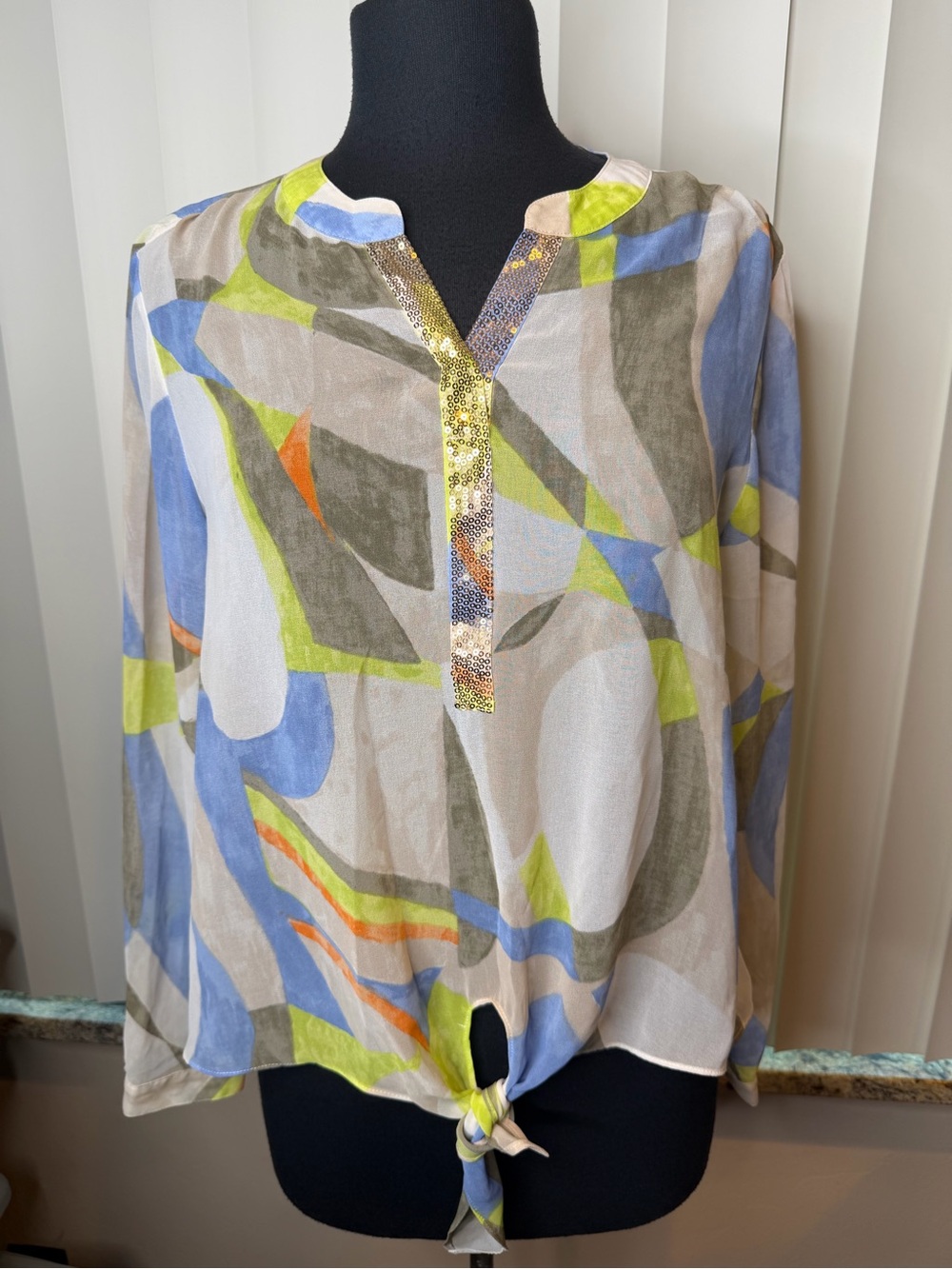 Chico’s Sheer Green Blue V Neck Tie Front Blouse Sequins Top Size 1/USMed